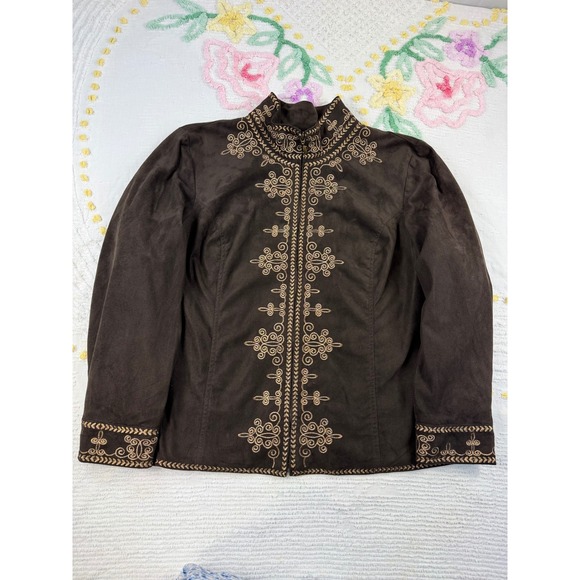 Coldwater Creek Womens 2X Brown Embroidered Faux Suede Zip Up Jacket - Picture 1 of 8